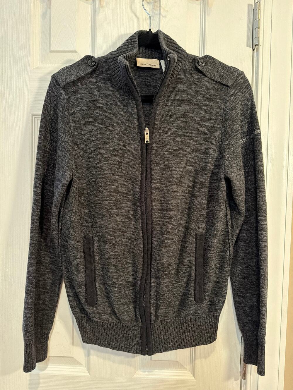 DKNY Jeans Small Charcoal Gray Marled 100% Cotton Knit mock neck cardigan